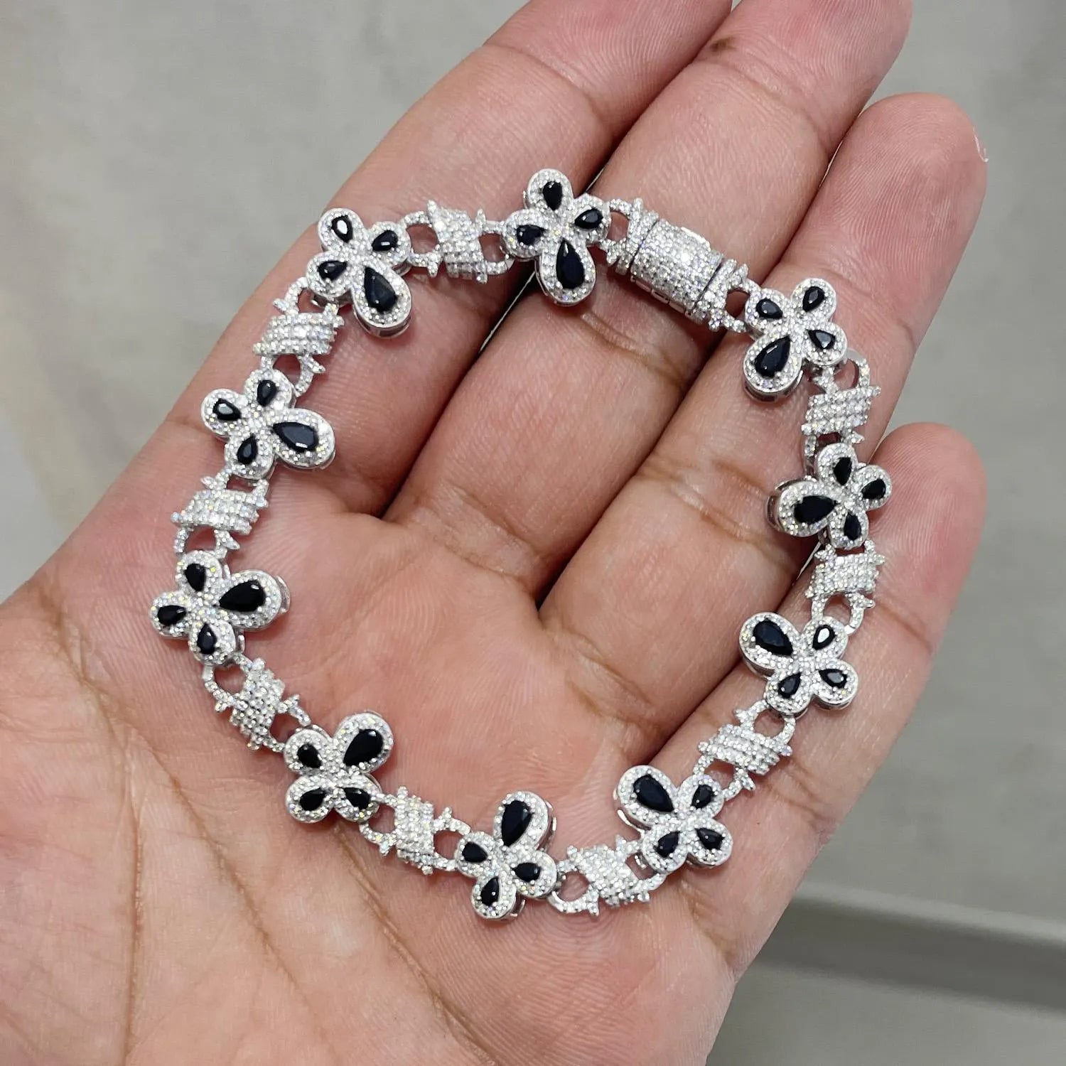 Moissanite Bracelet: Black Sapphire Cross, Sterling Silver, Iced Out 3.76ctw | 13.8mm