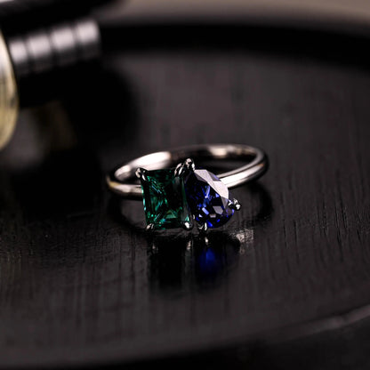 Lab Grown Sapphire Toi et Moi Wedding Ring, Solid Gold Emerald Gemstone Birthstone Memorial Ring