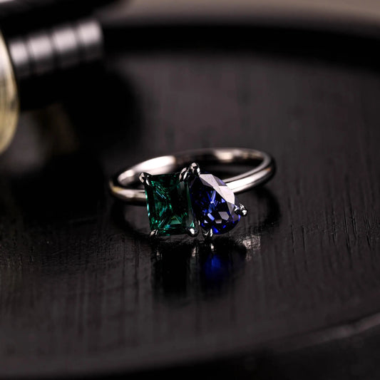 Lab Grown Sapphire Toi et Moi Wedding Ring, Solid Gold Emerald Gemstone Birthstone Memorial Ring