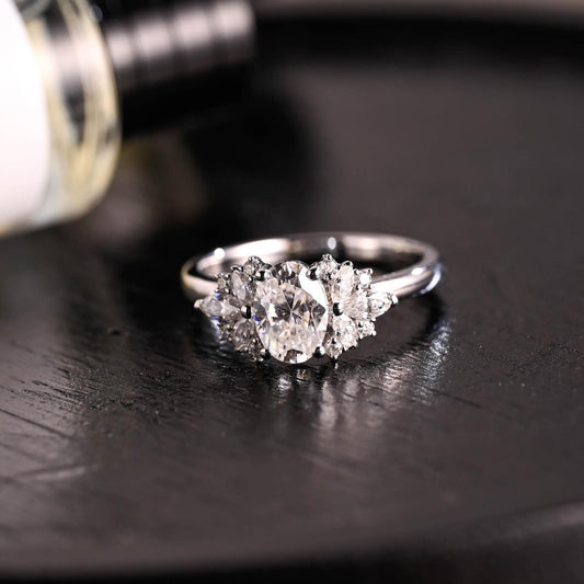 Solid Gold Side Cluster Oval Cut Moissanite Engagement Ring, High Profile Wedding Ring