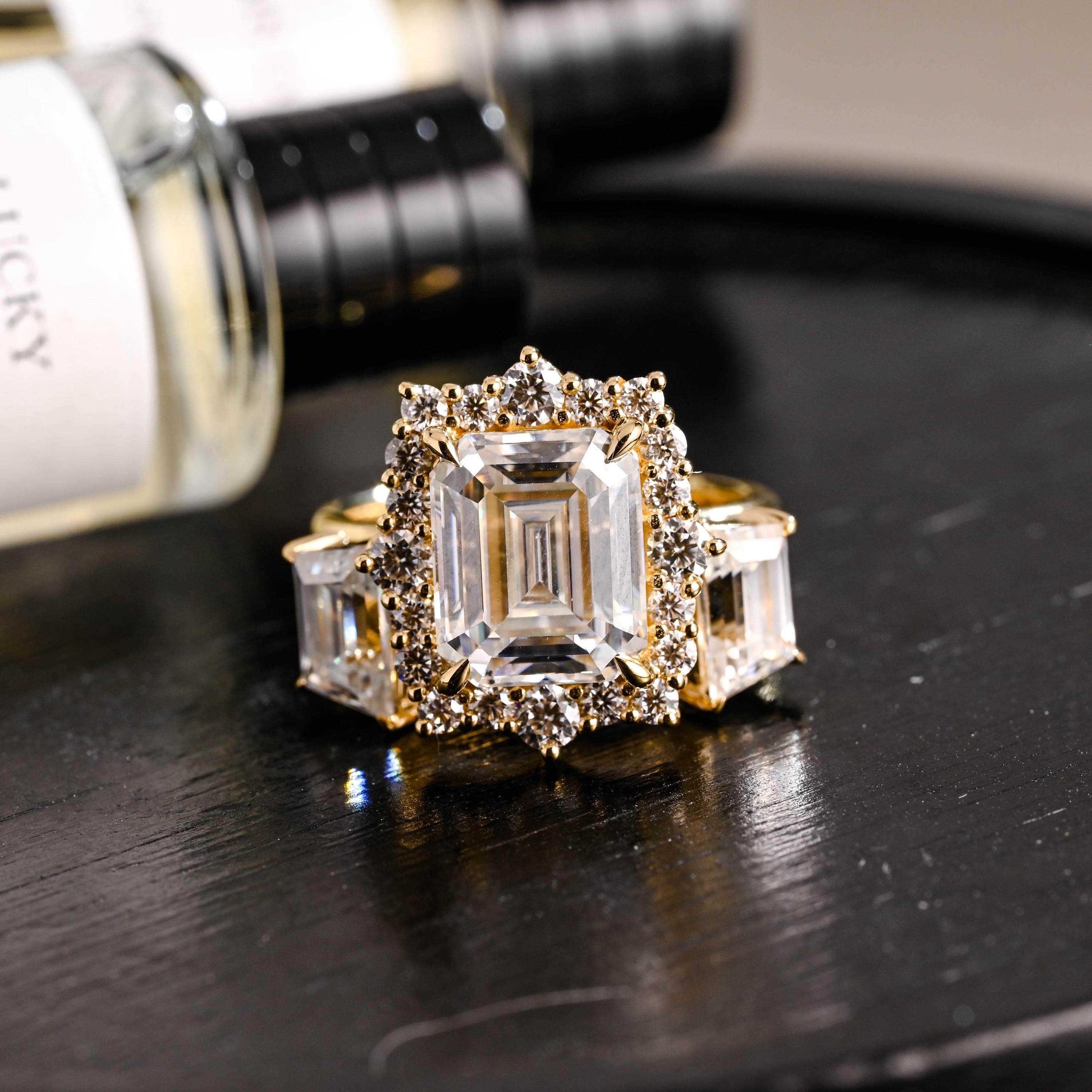 Solid Gold Emerald Cut Moissanite Engagement Ring Set, Bridal Set, Trapezoid Cut Wedding Band