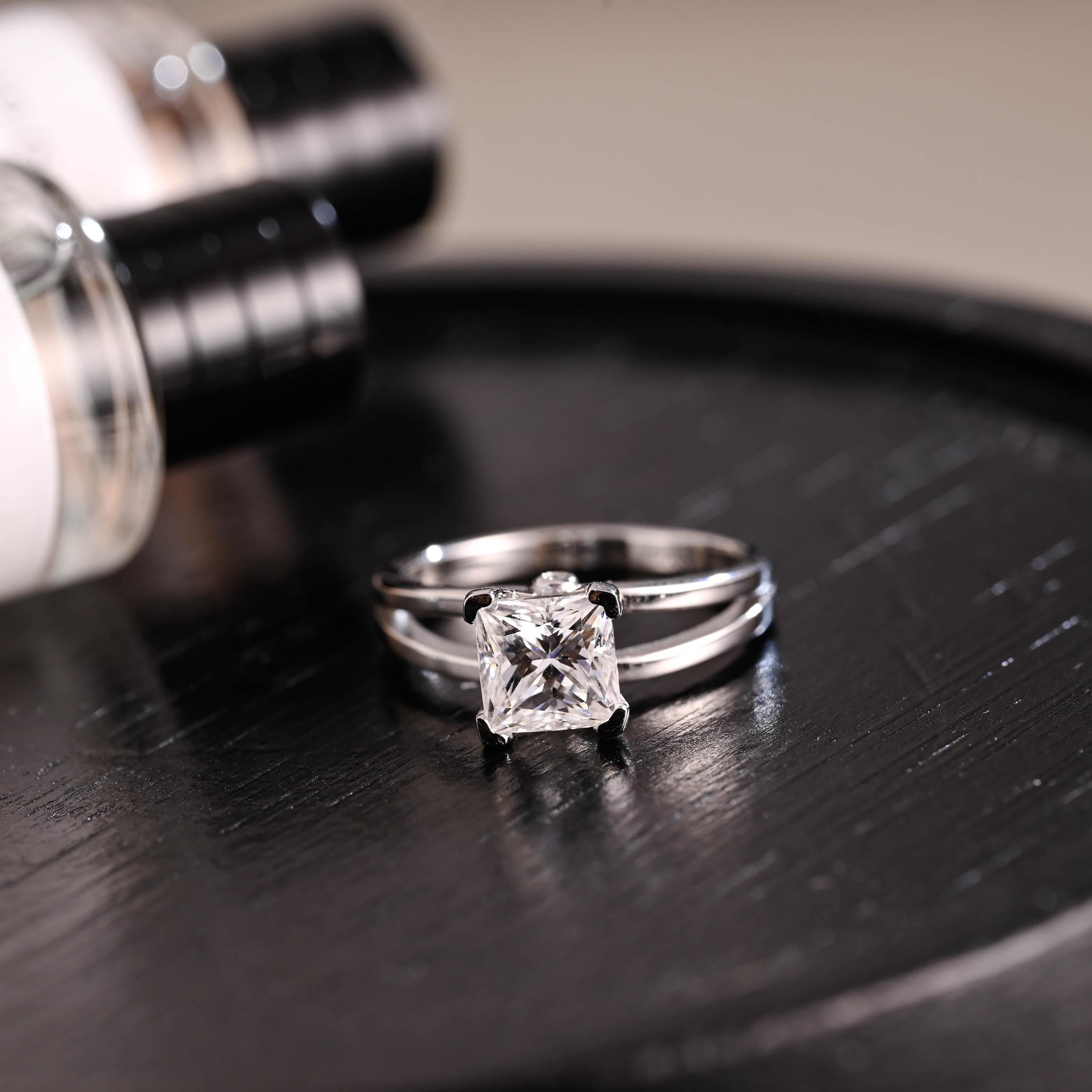 Solid Gold Princess Cut Moissanite Engagement Ring, Anniversary Gift Birthday Gift for Women Wife
