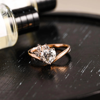 Solid Gold Heart Moissanite Engagement Ring, Marquise Promise Ring, Anniversary Gift Birthday Gift for Women