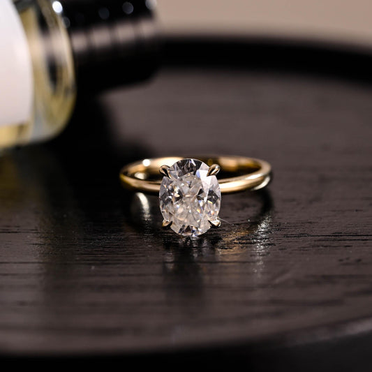 Solid Gold Crushed Ice Oval Cut Moissanite Engagement Ring, Solitaire Wedding Ring
