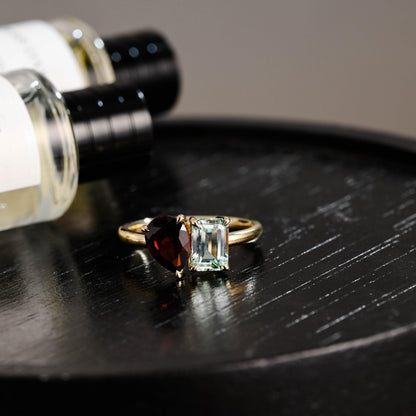 Toi et Moi Solid Gold Pear Garnet & Emerald Cut Aquamarine-Sapphire Engagement Ring