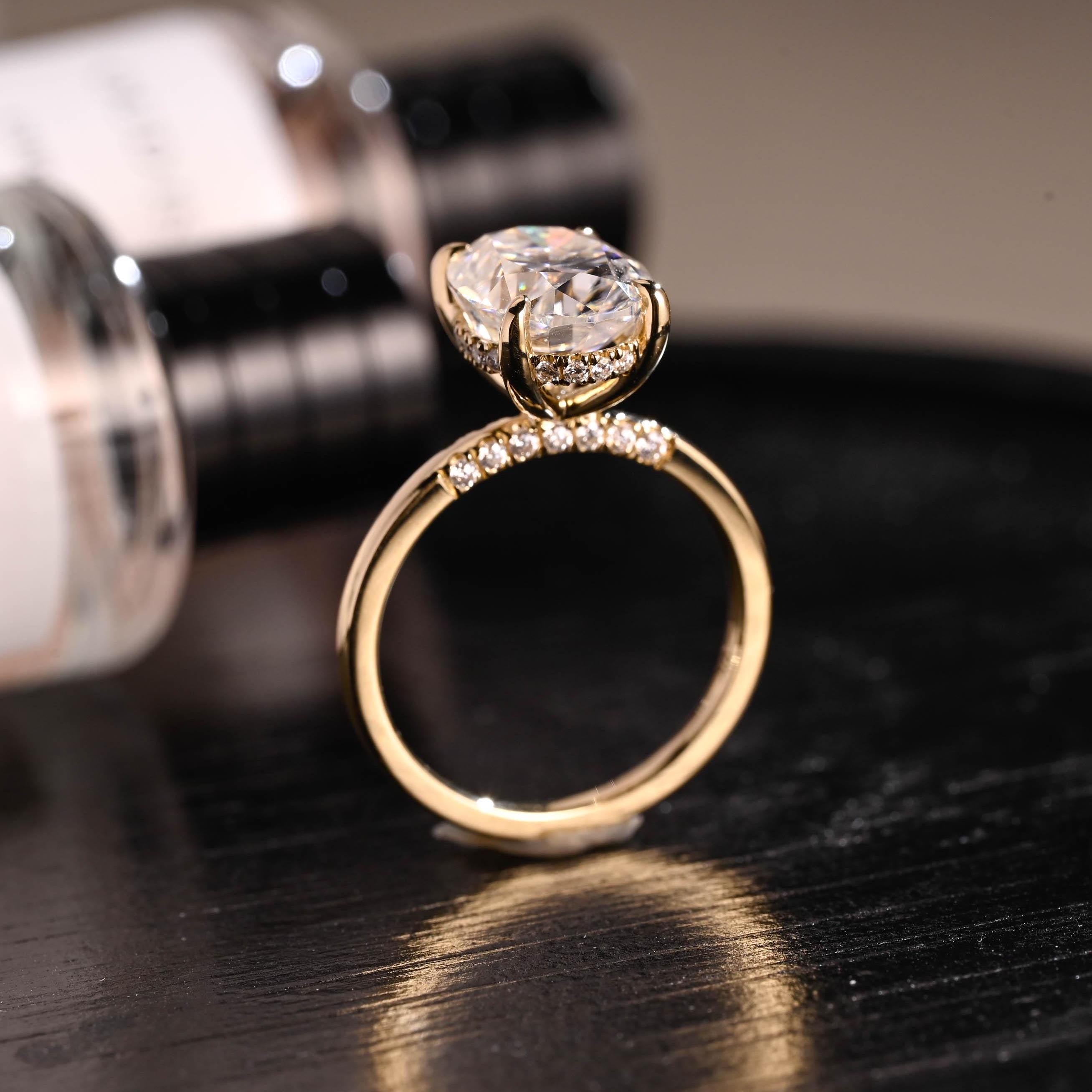 Solid Gold Hidden Halo Oval Cut Moissanite Engagement Ring, Anniversary Ring for Her