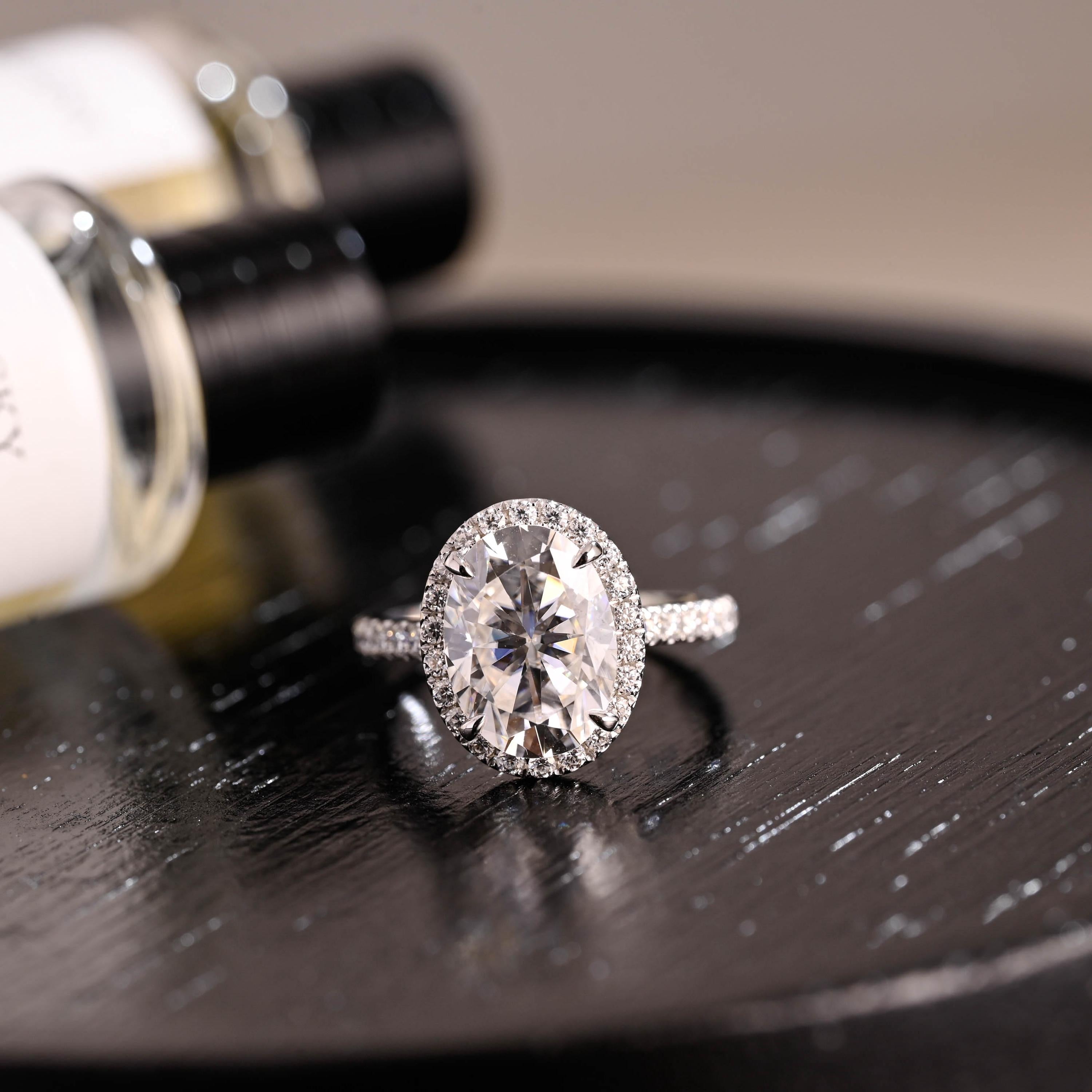 Solid Gold Halo Oval Cut Moissanite Engagement Ring, Half Pave Wedding Ring