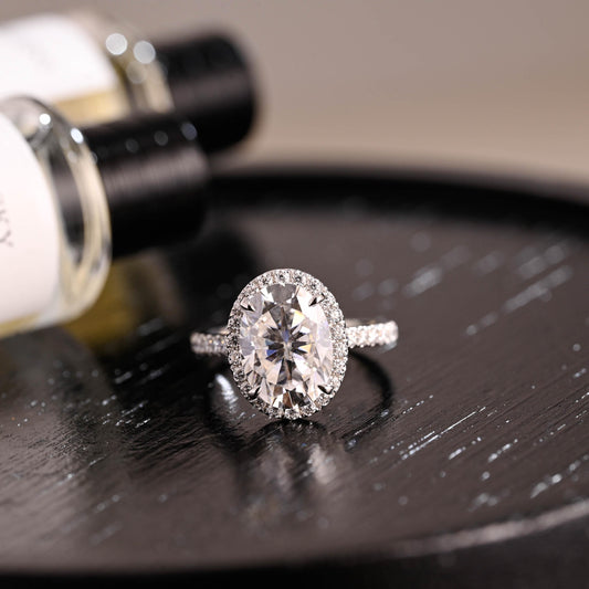 Solid Gold Halo Oval Cut Moissanite Engagement Ring, Half Pave Wedding Ring