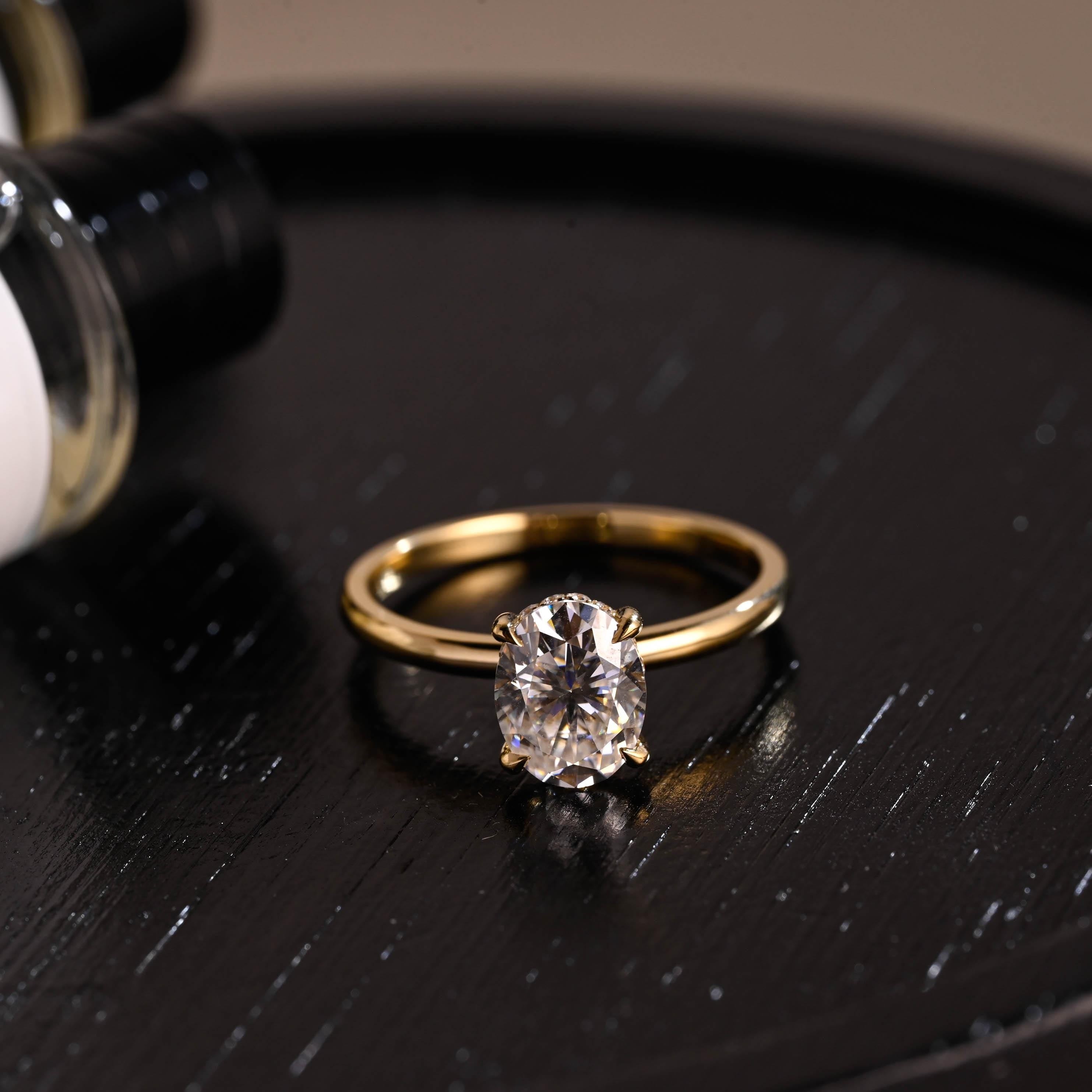 Solid Gold Oval Cut Moissanite Engagement Ring, Hidden Halo Wedding Ring