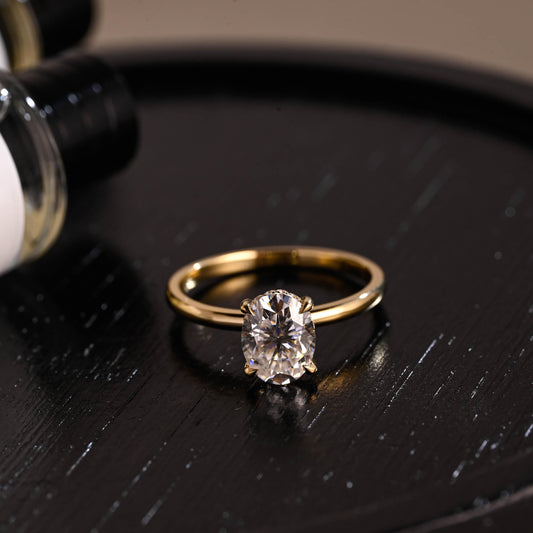 Solid Gold Oval Cut Moissanite Engagement Ring, Hidden Halo Wedding Ring