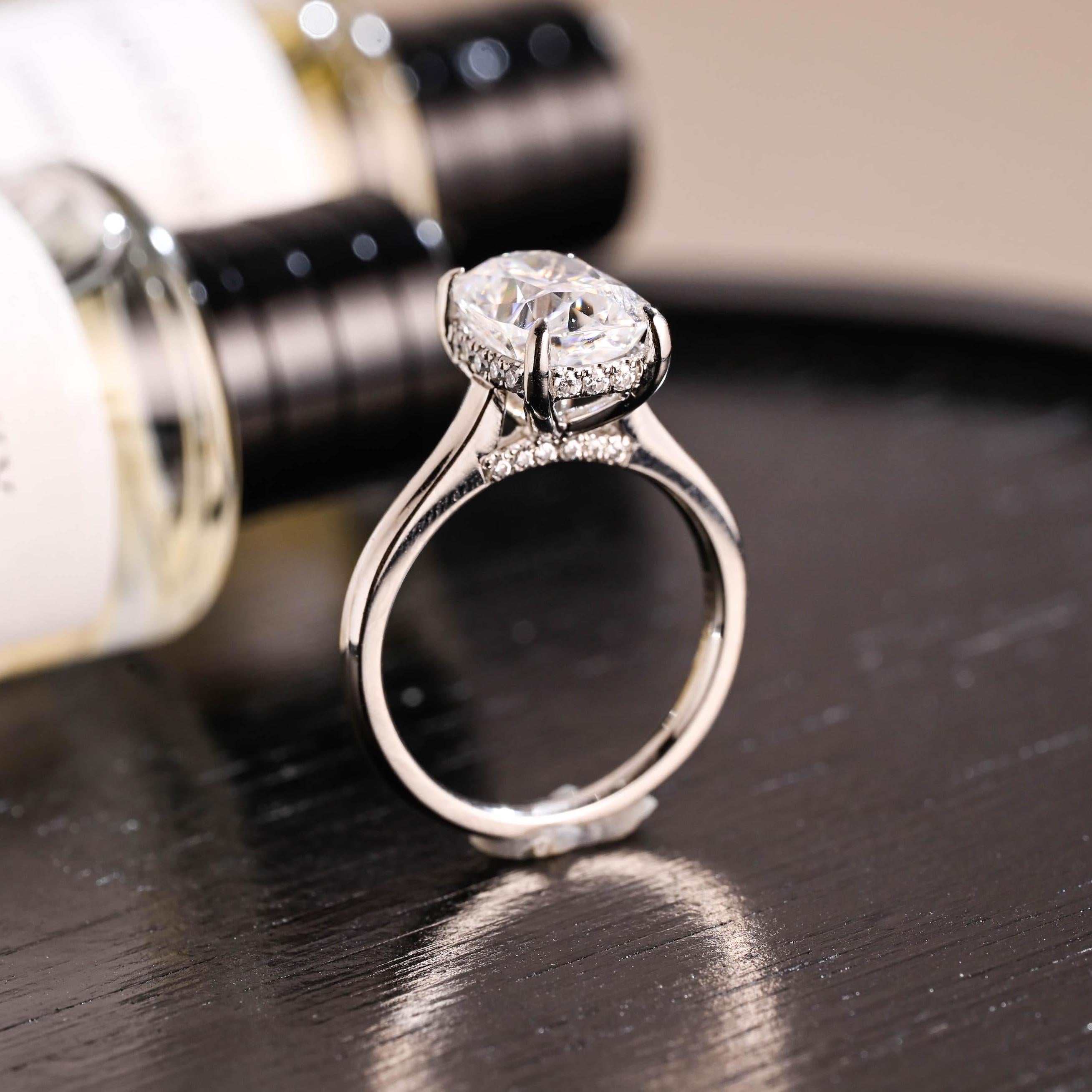 Crushed Ice Cut Elongated Cushion Cut Moissanite Engagement Ring, Solid Gold Cushion Wedding Ring, Hidden Halo Anniversary Moissanite Ring
