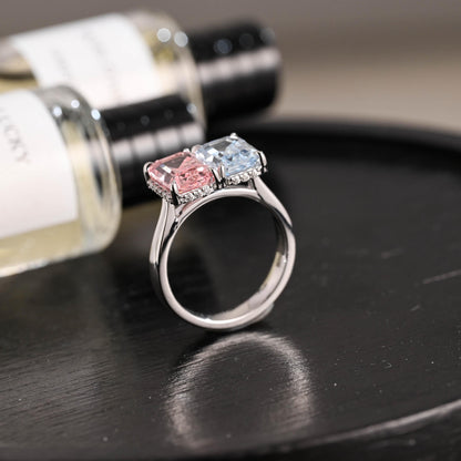 Solid Gold Toi et Moi Emerald Cut Pink Lab Grown Sapphire & Blue Lab Grown Sapphire Engagement Ring