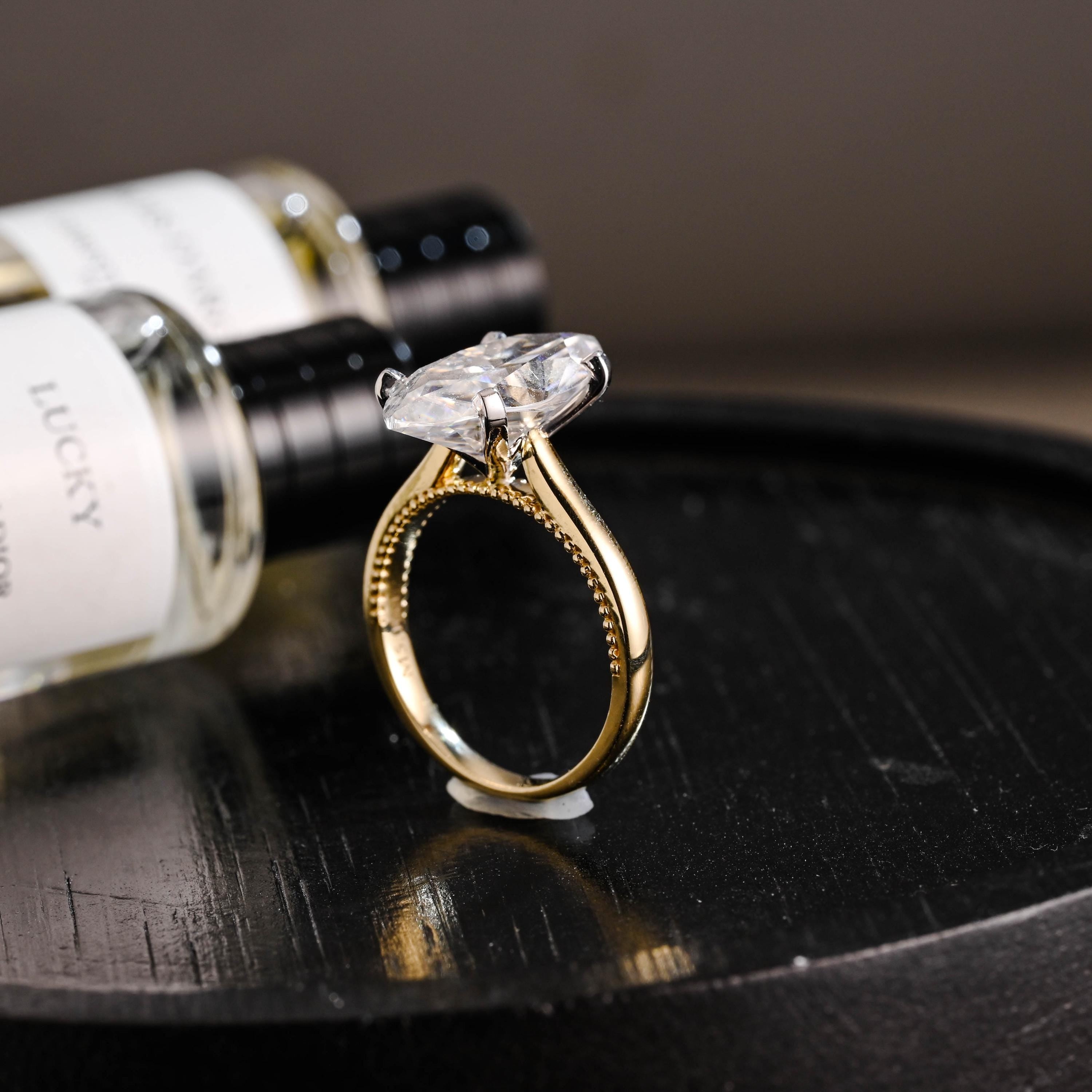 Beaded Marquise Moissanite Solid Gold Engagement Ring, Vintage Style Ring
