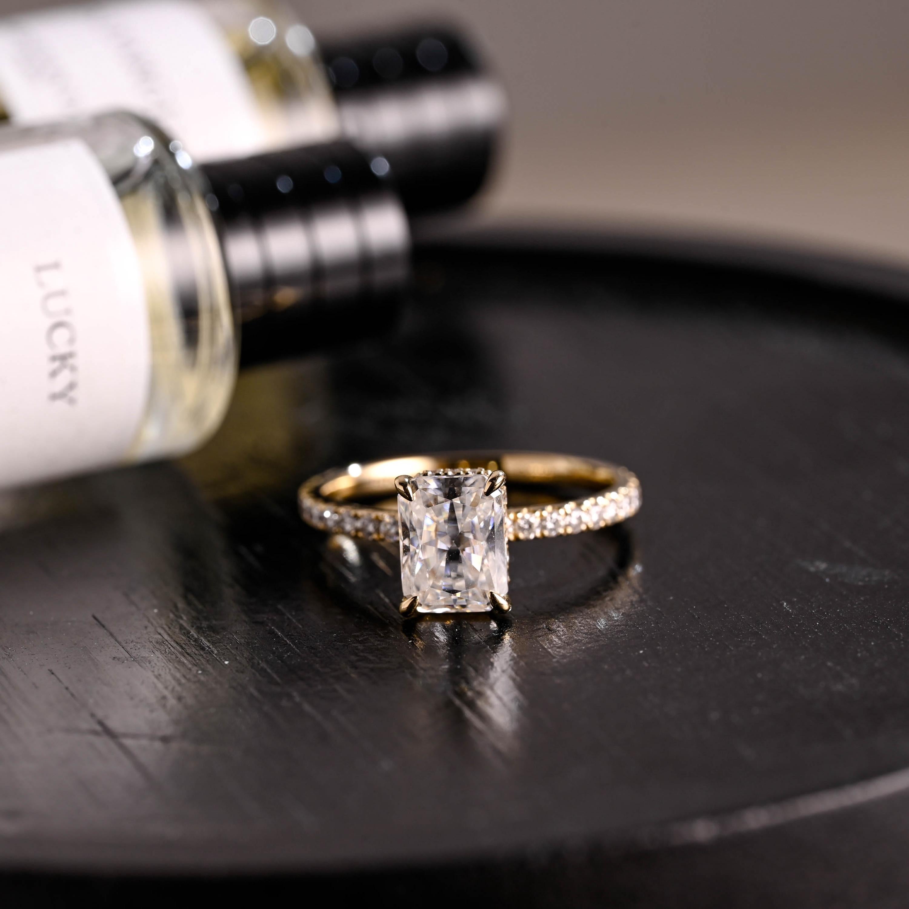 Solid Gold Half Eternity Radiant Cut Moissanite Engagement Ring, Anniversary Gift for Women Wife