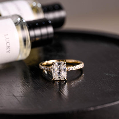 Solid Gold Half Eternity Radiant Cut Moissanite Engagement Ring, Anniversary Gift for Women Wife