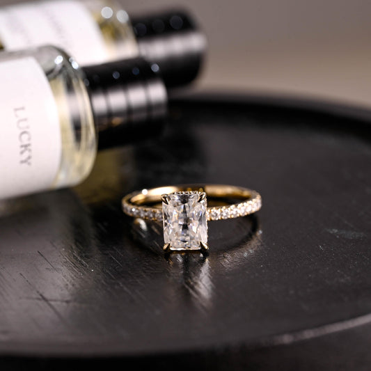 Solid Gold Half Eternity Radiant Cut Moissanite Engagement Ring, Anniversary Gift for Women Wife