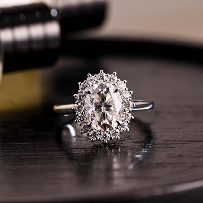 Solid Gold Starburst Oval Cut Moissanite Engagement Ring, Halo Wedding Ring