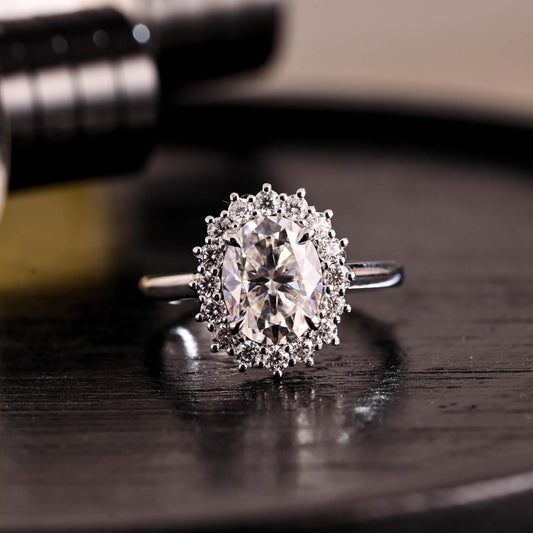 Solid Gold Starburst Oval Cut Moissanite Engagement Ring, Halo Wedding Ring