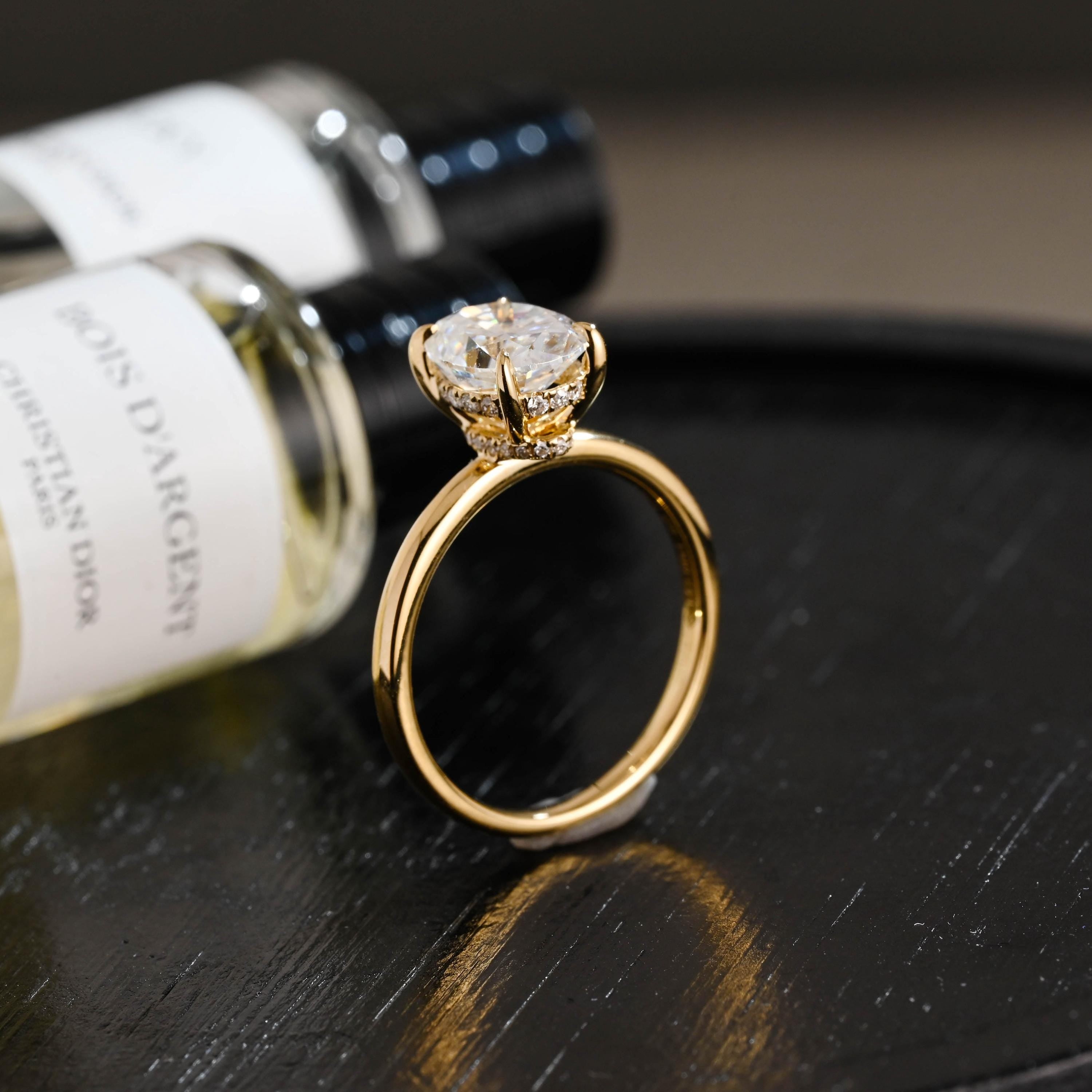 Solid Gold Oval Moissanite Engagement Ring, Hidden Halo Promise Ring