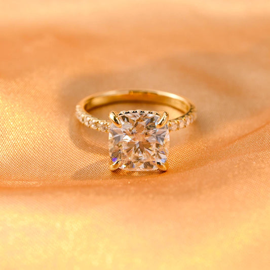 Solid Gold Cushion Cut Moissanite Engagement Ring, Hidden Halo Cushion Cut Wedding Ring, Half Pave Anniversary Ring for Her, Moissanite Gift