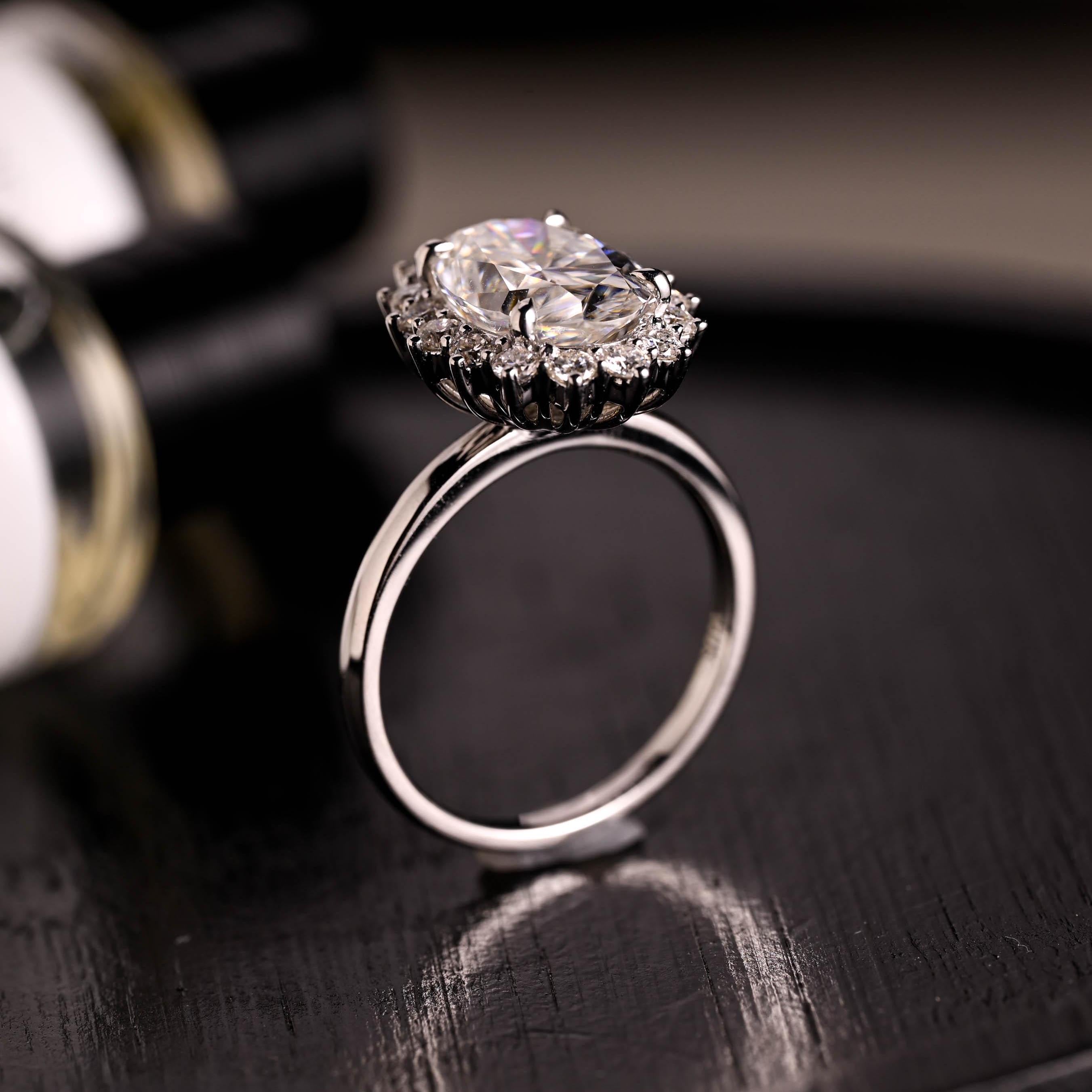 Solid Gold Starburst Oval Cut Moissanite Engagement Ring, Halo Wedding Ring