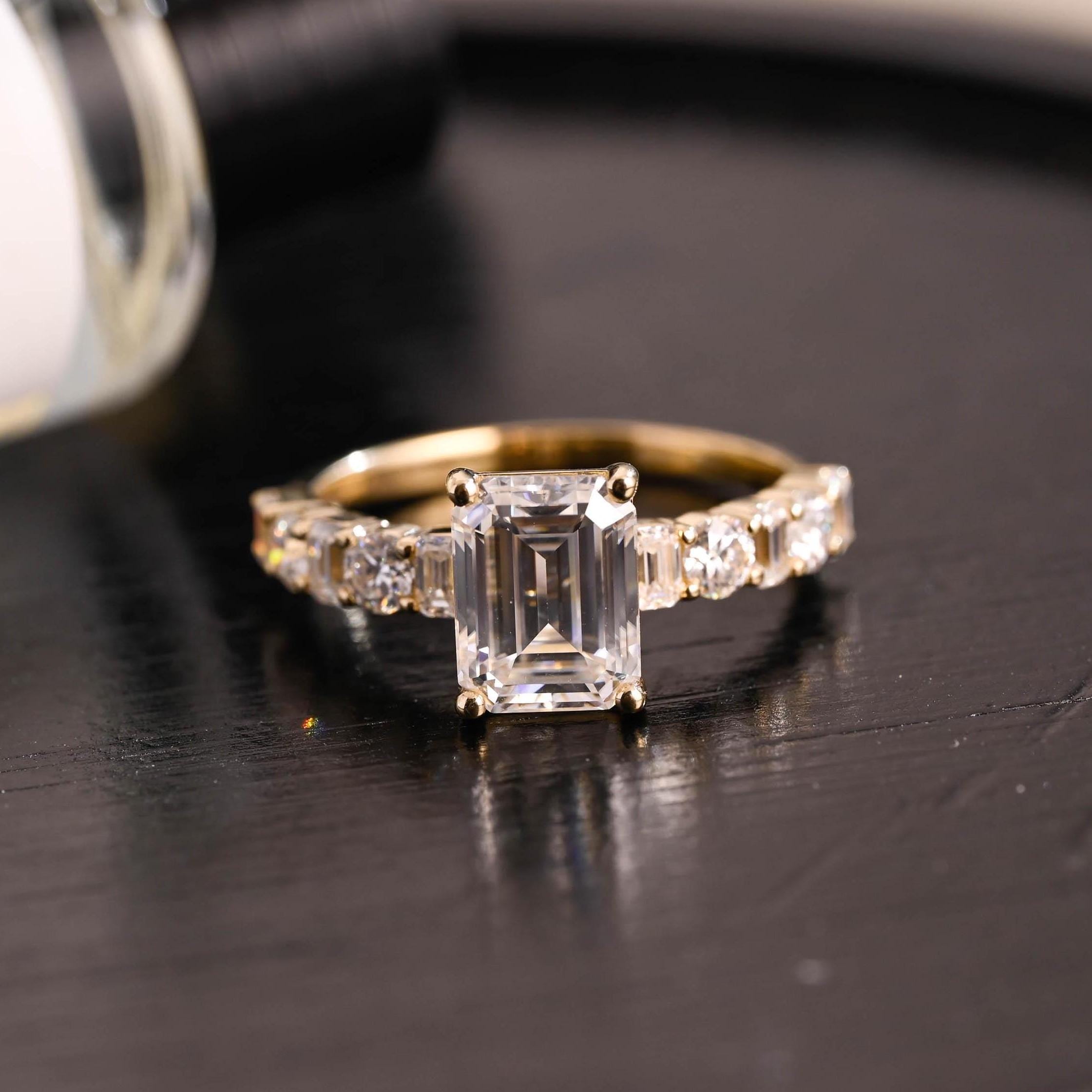 Solid Gold Emerald Cut Moissanite Engagement Ring, Low Setting Emerald Cut Wedding Ring, Side Pave Anniversary Ring, Moissanite Promise Ring