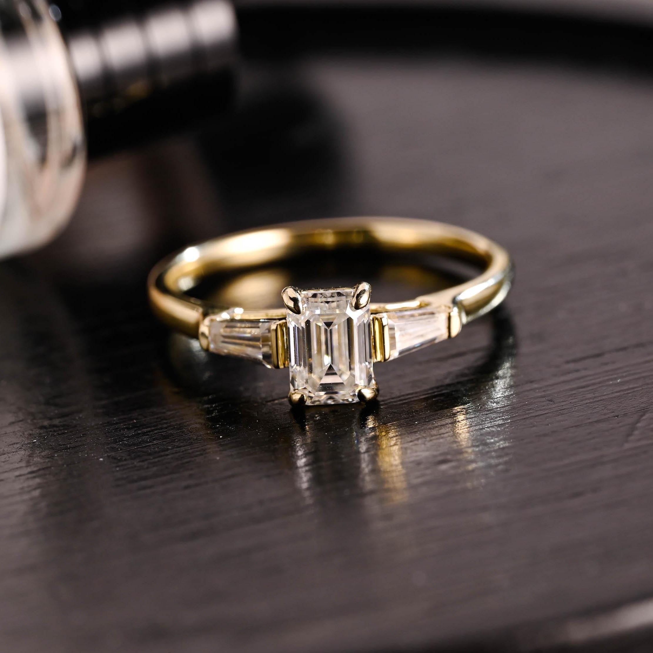Solid Gold Three Stone Emerald Cut Moissanite Engagement Ring, Trapezoid Accents Emerald Cut Wedding Ring, Anniversary Ring, Moissanite Ring