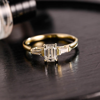 Solid Gold Three Stone Emerald Cut Moissanite Engagement Ring, Trapezoid Accents Emerald Cut Wedding Ring, Anniversary Ring, Moissanite Ring