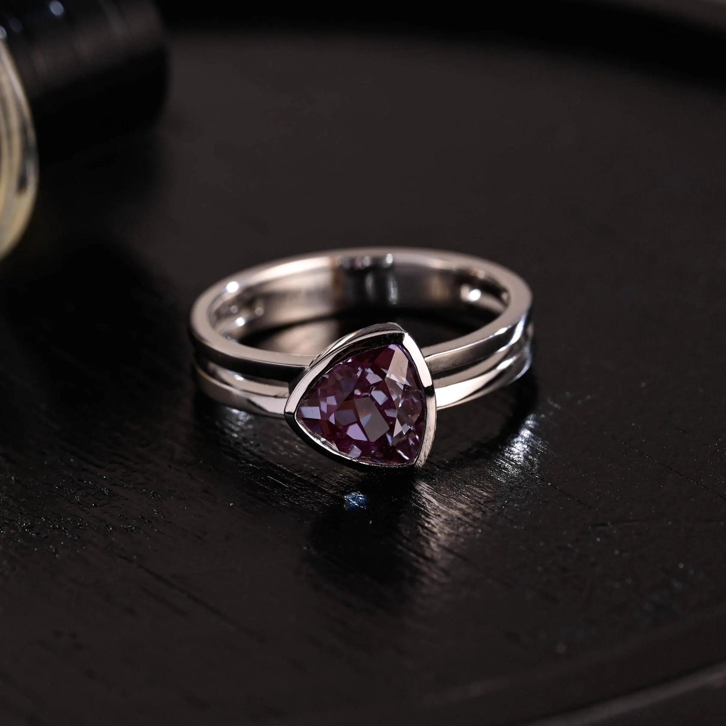 Purple Bezel Trilliant Cut Alexandrite Engagement Ring, Solid Gold Low Setting Anniversary Ring for Women Wife