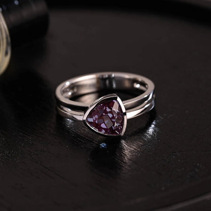 Purple Bezel Trilliant Cut Alexandrite Engagement Ring, Solid Gold Low Setting Anniversary Ring for Women Wife