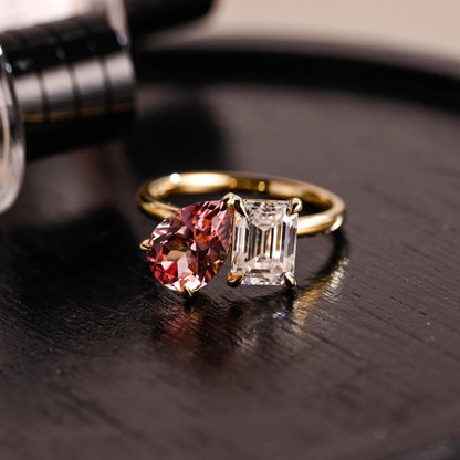 Solid Gold Pear Cut Lab Grown Pink Sapphire Toi et Moi Ring, Memorial Two Stone Engagement Ring