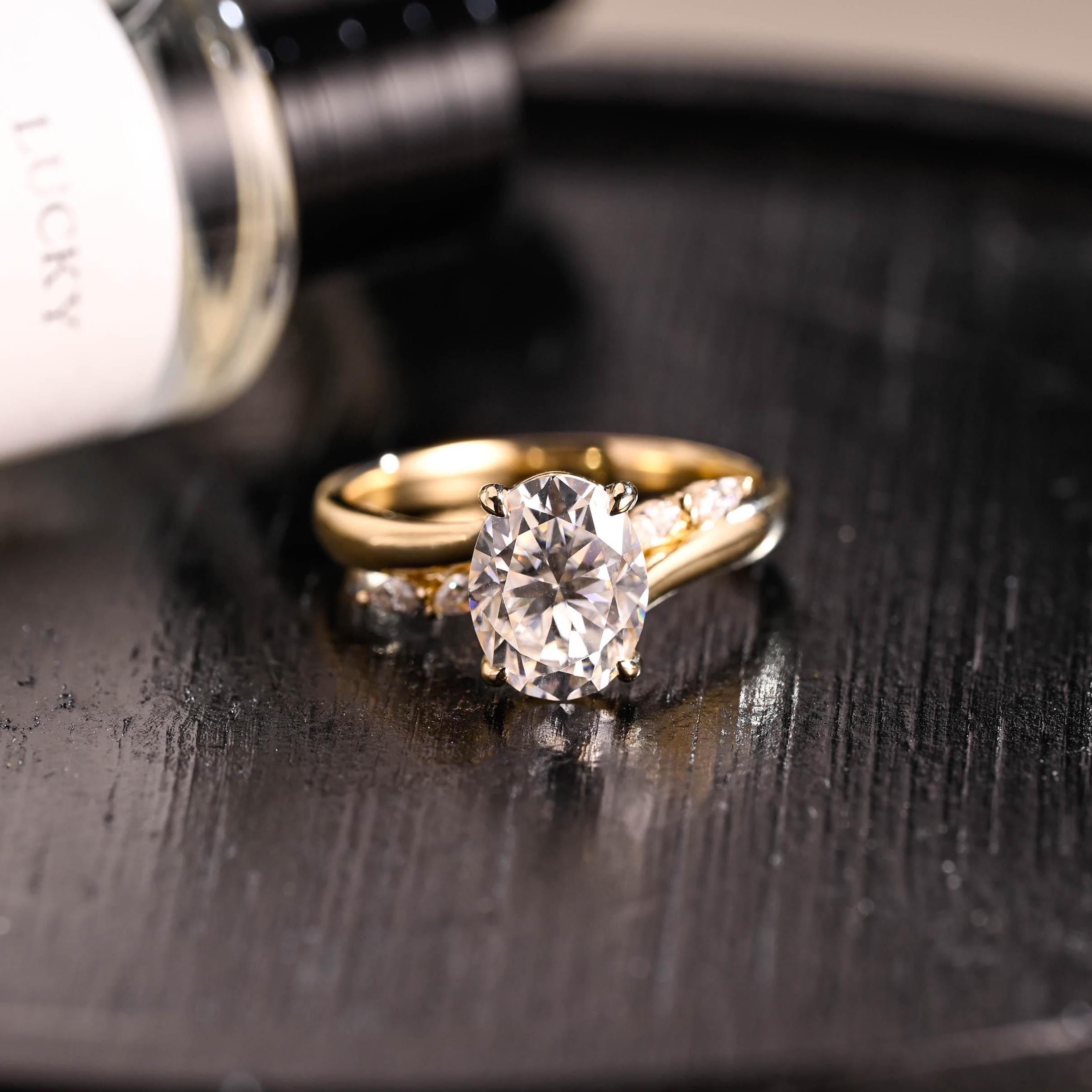 Solid Gold Oval Cut Moissanite Engagement Ring, ByPass Proposal Ring