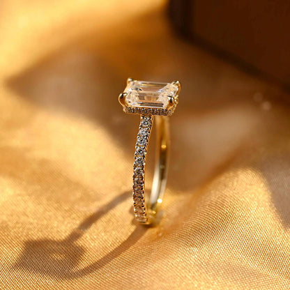 Cathedral Setting Emerald Cut Moissanite Engagement Ring, Solid Gold Hidden Halo Pave Emerald Moissanite Wedding Ring, Anniversary Ring