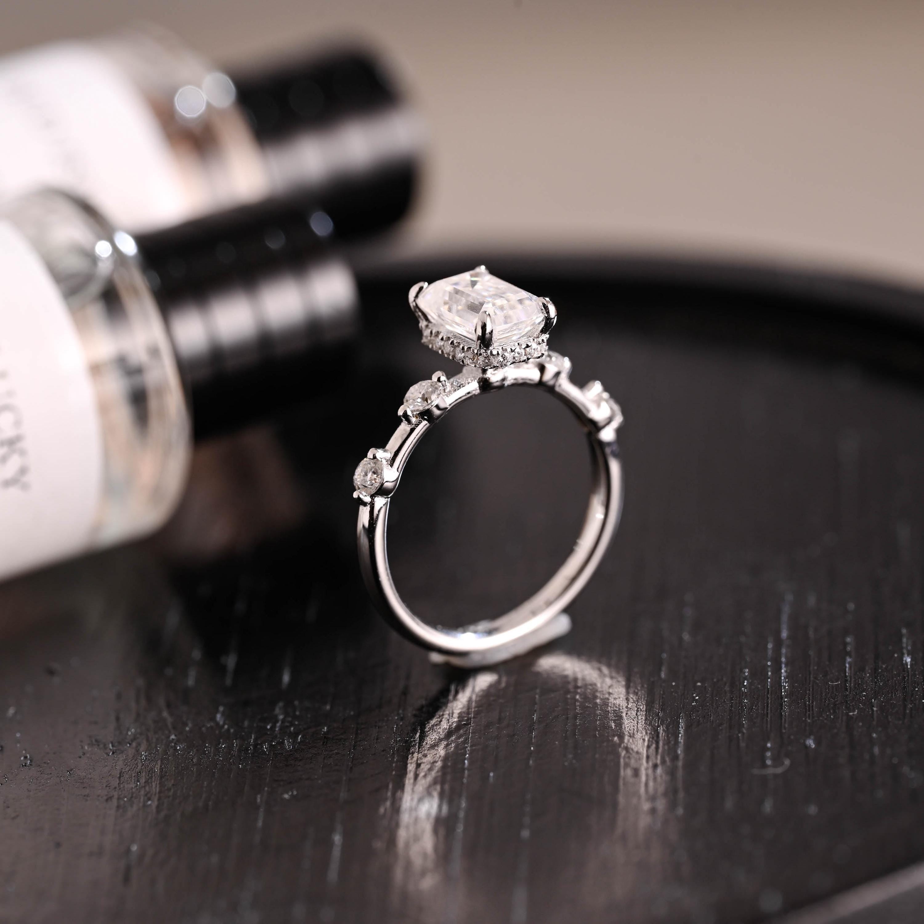 Solid Gold Hidden Halo Emerald Cut Moissanite Engagement Ring, Proposal Ring, Promise Ring, Wedding Ring, Anniversary Gift for Women Wife