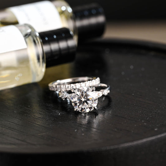 Solid Gold Round Moissanite Engagement Ring Set, Wedding Ring Set, Half Eternity Ring Bridal Set