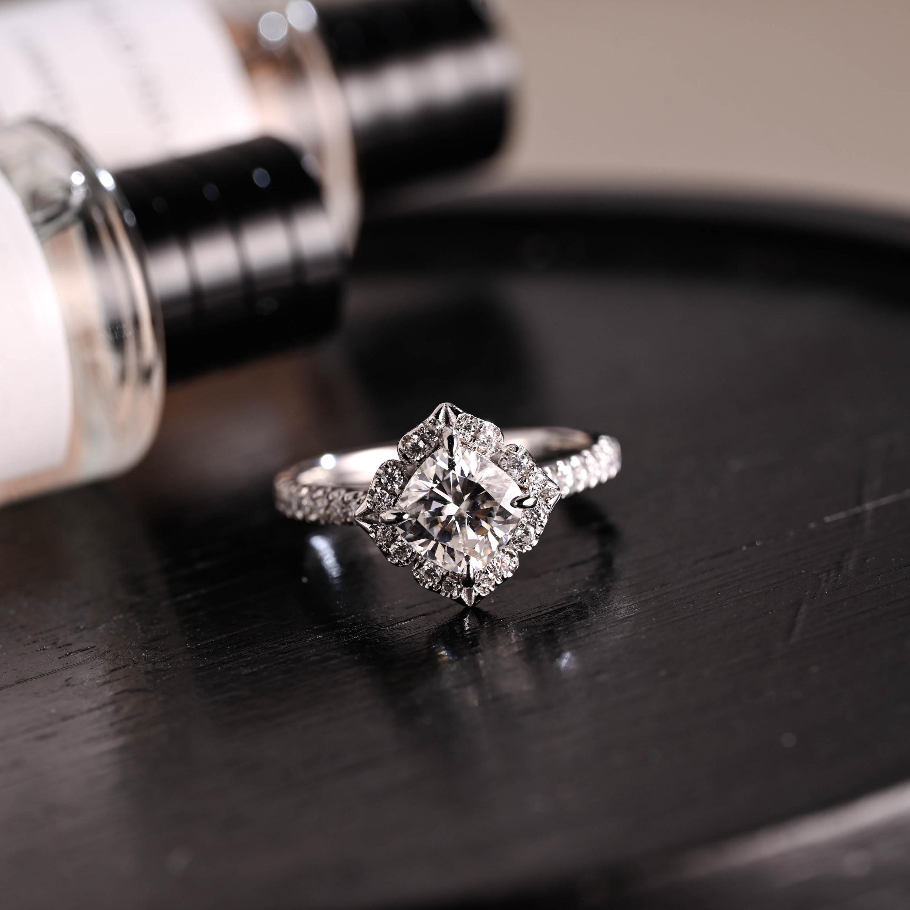 Solid Gold Cushion Cut Moissanite Engagement Ring, Halo Proposal Ring, Half Eternity Promise Ring, Wedding Ring, Anniversary Gift for Women