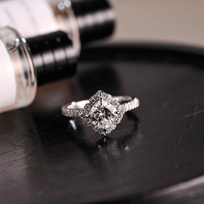 Solid Gold Cushion Cut Moissanite Engagement Ring, Halo Proposal Ring, Half Eternity Promise Ring, Wedding Ring, Anniversary Gift for Women