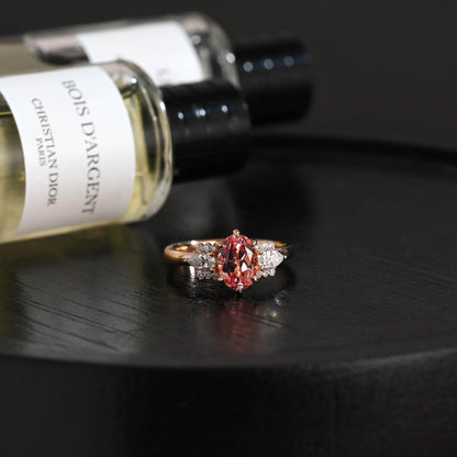 Solid Gold Oval Lab Grown Pink Sapphire Engagement Ring, Three Stone Proposal Ring