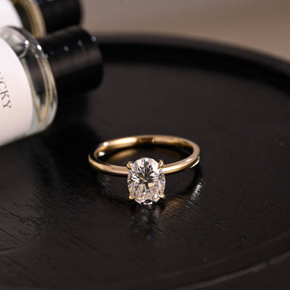 Solid Gold Solitaire Oval Cut Moissanite Engagement Ring, Anniversary Ring for Women