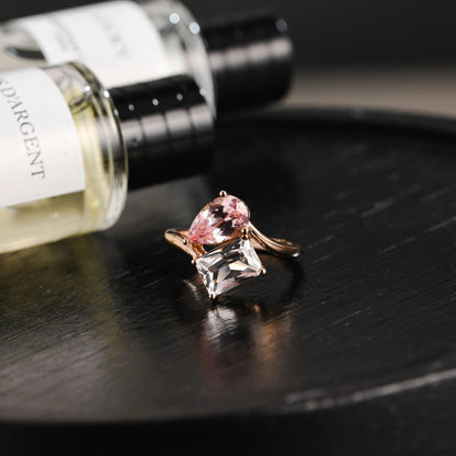 Solid Gold Toi et Moi Lab Grown Pink Sapphire & Emerald Cut Two Stone Moissanite Engagement Ring