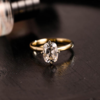 Solid Gold Elongated Cushion Moissanite Engagement Ring, Solitaire Compass Setting Moissanite Wedding Ring