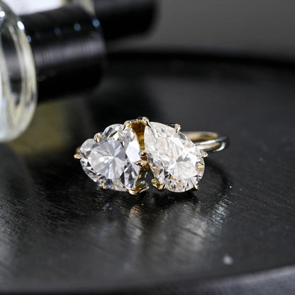 Solid Gold Toi et Moi Heart & Pear Cut Moissanite Engagement Ring, Two Stone Promise Ring