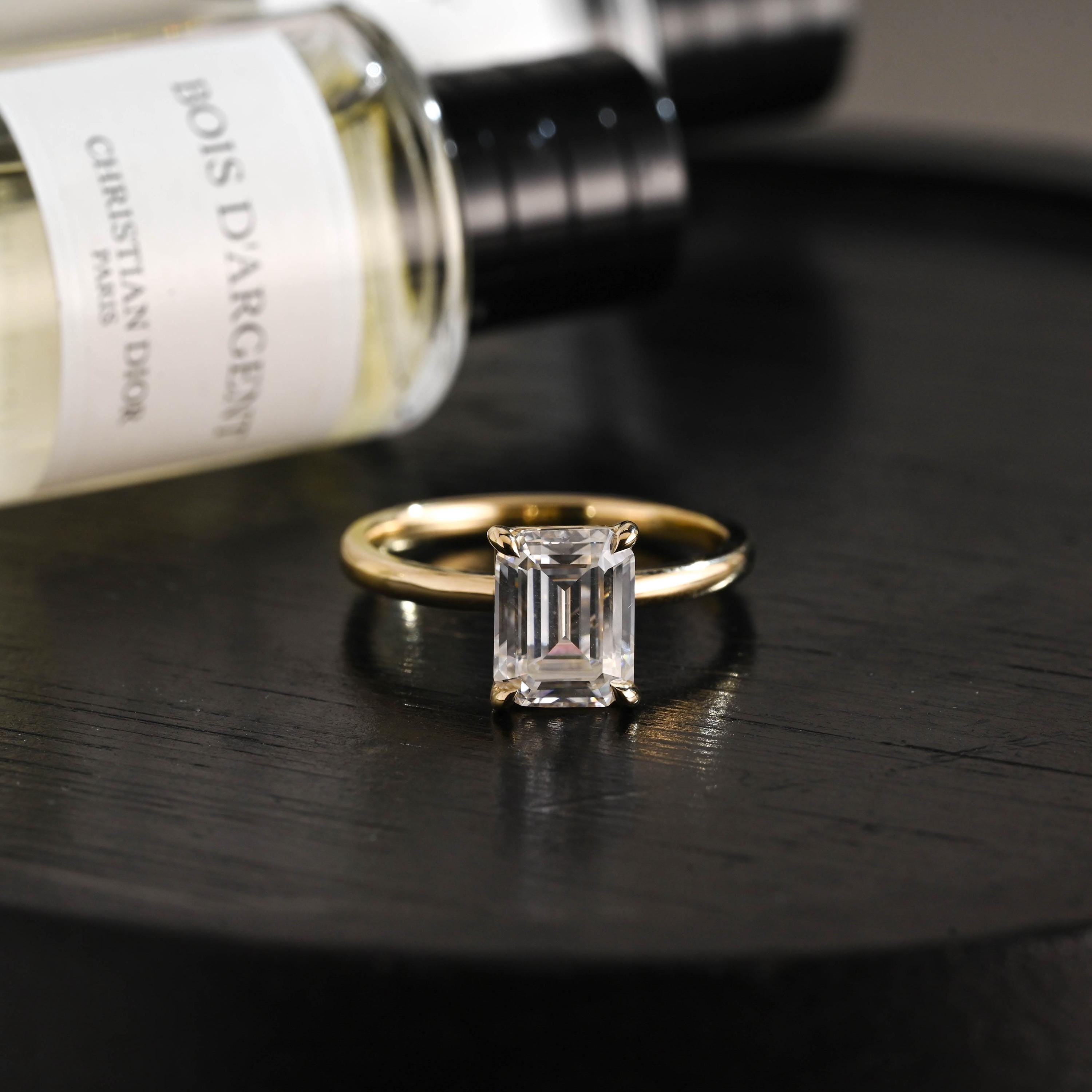 Solid Gold Emerald Cut Moissanite Engagement Ring, Solitaire Emerald Cut Anniversary Ring for Women