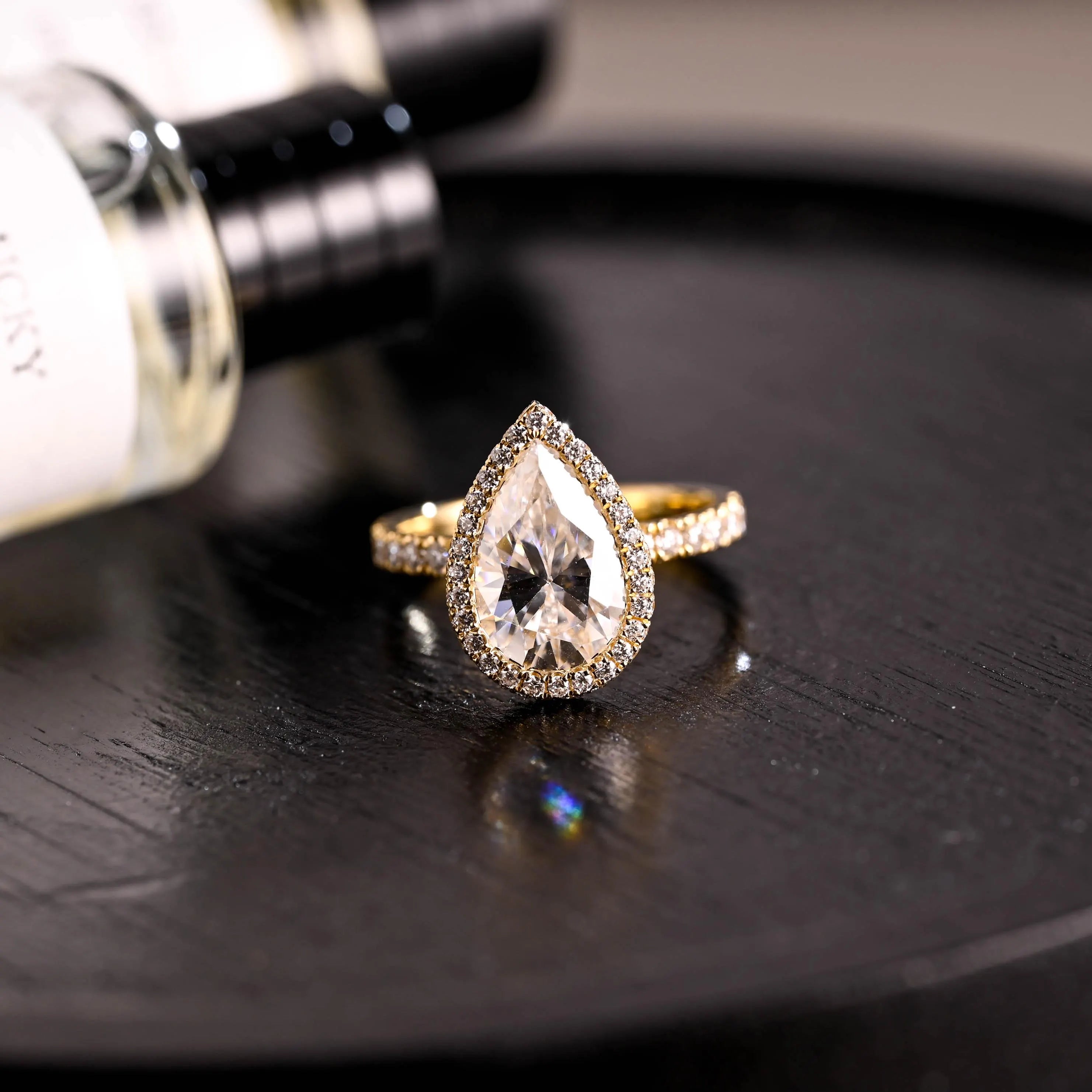 Prong Pave Pear Cut Moissanite Engagement Ring, Solid Gold Halo Pear Moissanite Wedding Ring