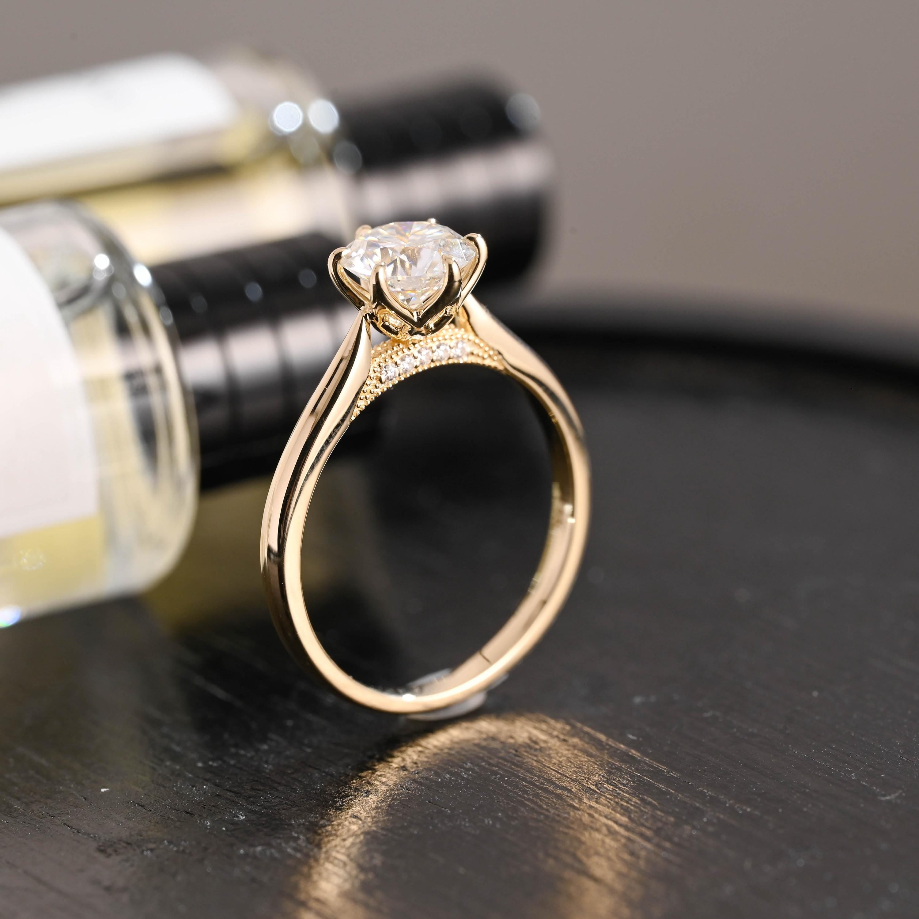 Tulip Solid Gold Round Cut Moissanite Engagement Ring, Bridge Accented with stones Proposal Ring