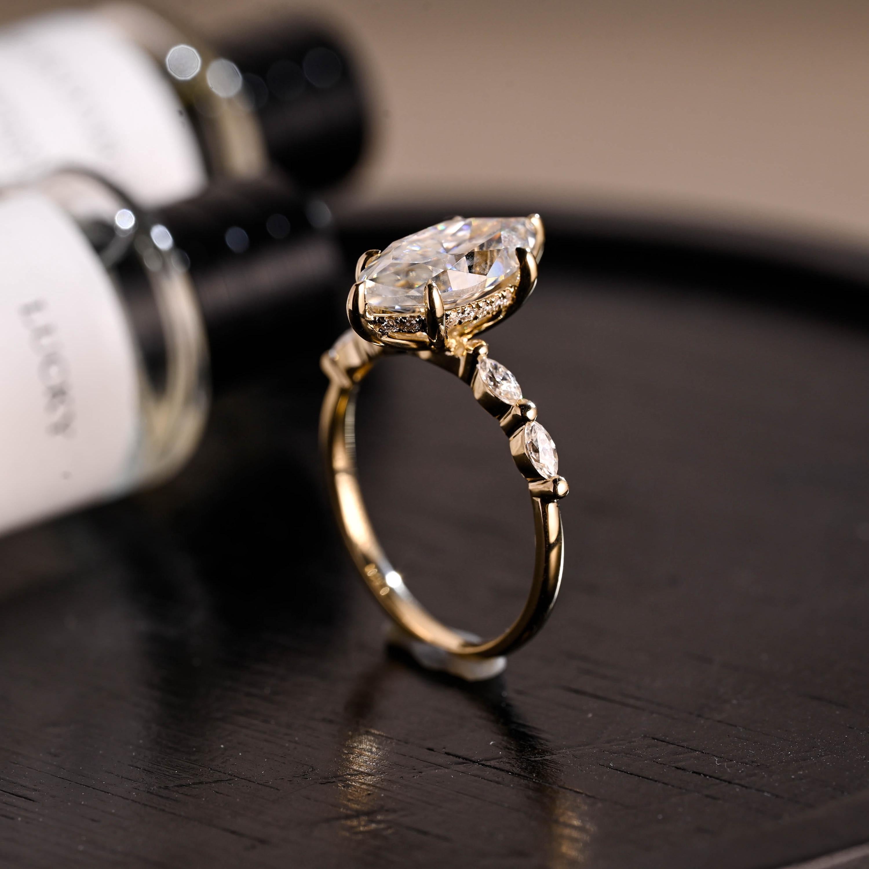 Solid Gold Side Stone Marquise Cut Moissanite Engagement Ring, Hidden Halo Moissanite Wedding Ring
