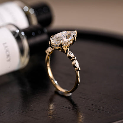 Solid Gold Side Stone Marquise Cut Moissanite Engagement Ring, Hidden Halo Moissanite Wedding Ring