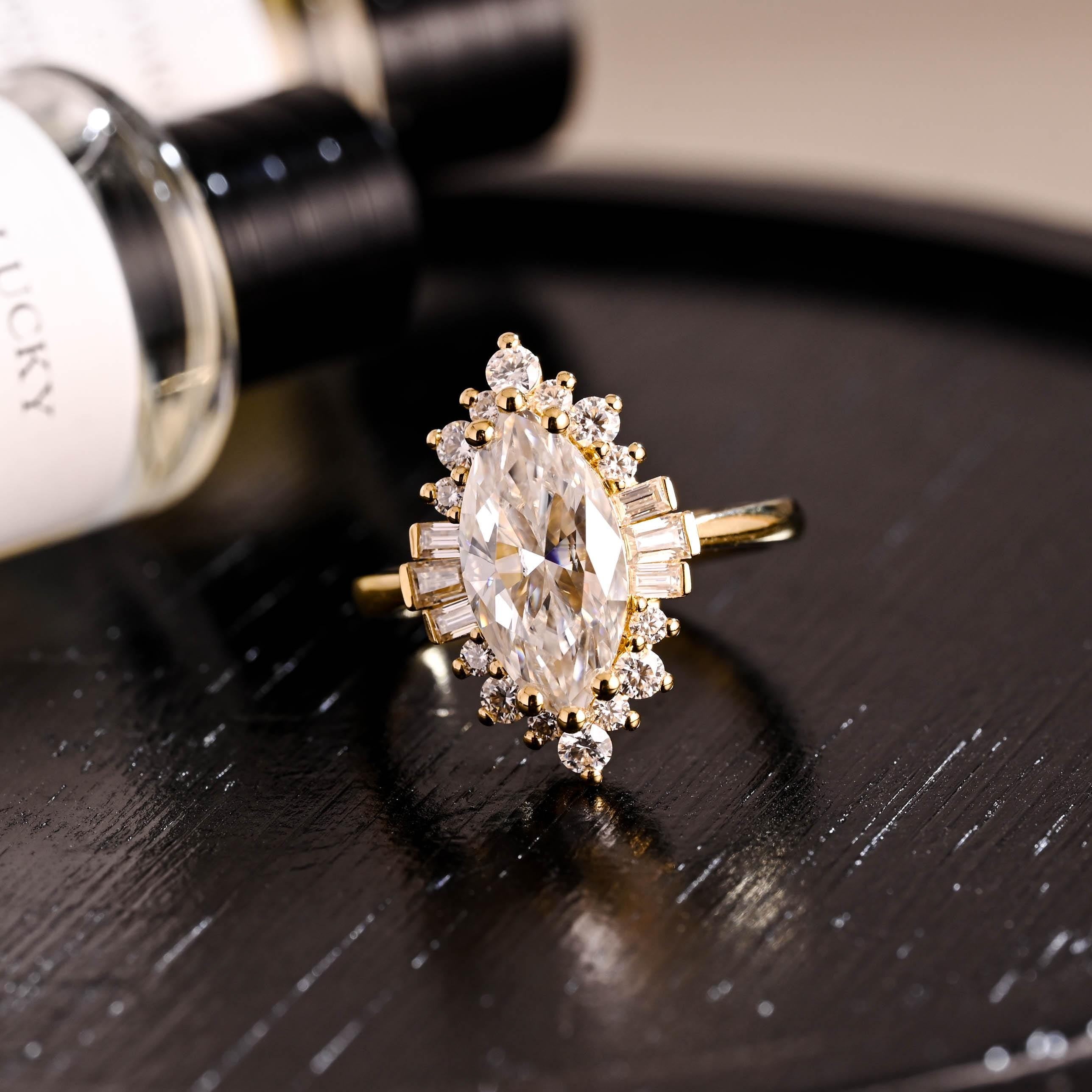 Starburst Marquise Moissanite Engagement Ring, Solid Gold Promise Ring