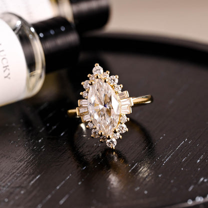 Starburst Marquise Moissanite Engagement Ring, Solid Gold Promise Ring