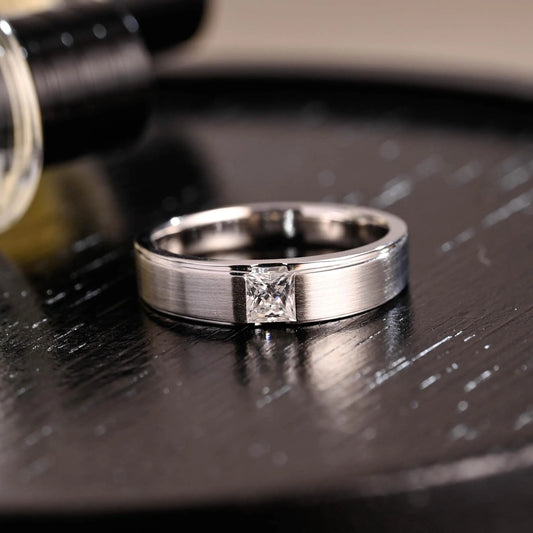 Matte/Satin Finish Princess Cut Moissanite Wedding Band, Solid Gold Wedding Ring, Square Moissanite Channel Set Wedding Ring Engagement Ring